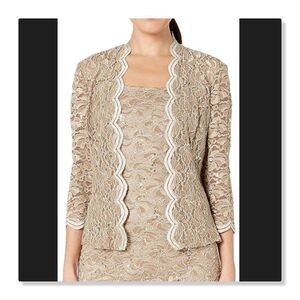 Alex Evenings | Lace & Sequin 3/4 Sleeve Bolero Jacket - [size 18W in Beige]